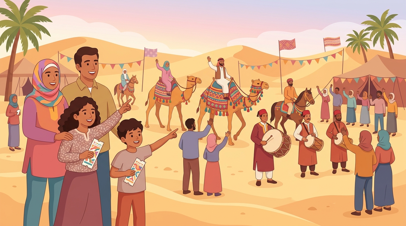 Le festival du Sahara à Douz : parade de chameaux et de cavaliers ; une fille et son petit frère montrent leurs billets devant leurs parents